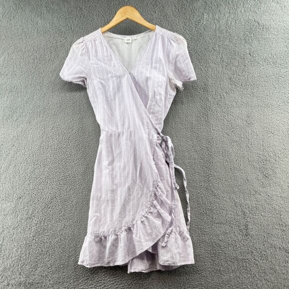 Gap Linen Cotton Stripe Ruffle Wrap Dress Purple White Small TALL - Picture 5 of 16